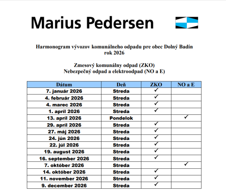 Harmonogram vývozov KO pre rok 2026