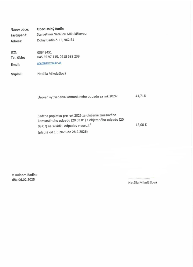 ˇUroveň vytriedenia komunálneho odpadu za rok 2024